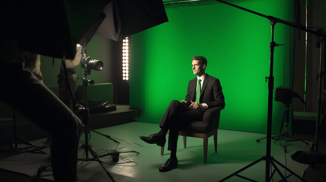 Generative AI Three empty chairs in a studio with green screen