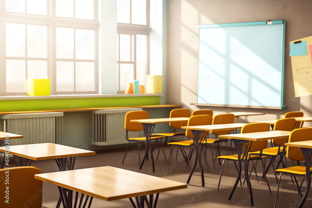Poster Generative AI School desks in an empty classroom