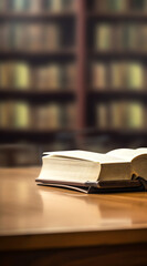 Fototapeta premium Generative AI Open Book On Wooden Desk With Blurred Empty Classroom Background.