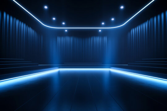 Generative AI Empty movie theatre. Dark cinema hall with blue screen and 5d virtual reality. Modern movies theater for festivals and films presentation. Interior design. Online Cinema concept. Vector 