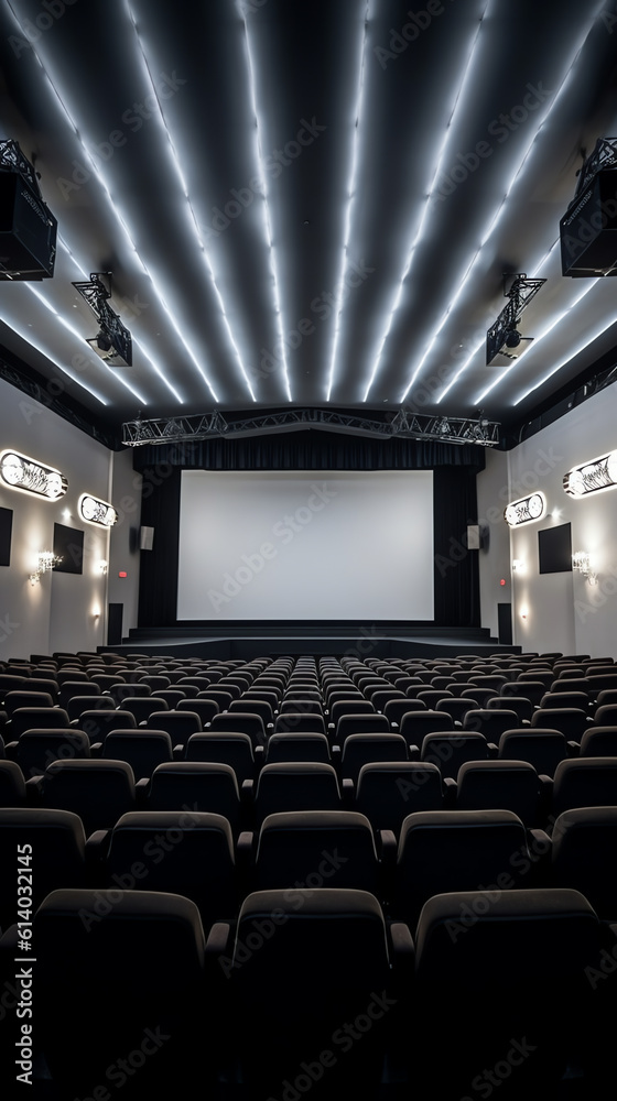 Poster Generative AI Empty cinema auditorium with empty white screen. Empty rows of theater or movie seats