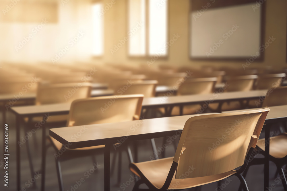 Poster Generative AI Empty classroom with a lot of chair with no student. Empty classroom with vintage tone wooden chairs. Back to school concept.