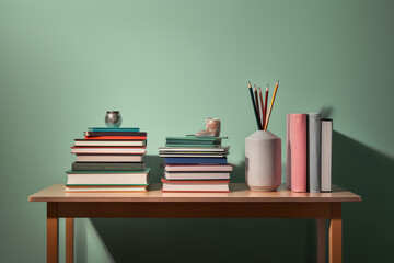 Generative AI empty classroom with green blackboard and stack of book - rendering