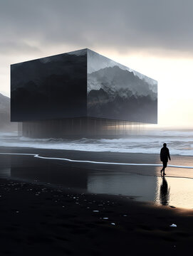 Generative AI Black church by lava field in Budhir, Iceland