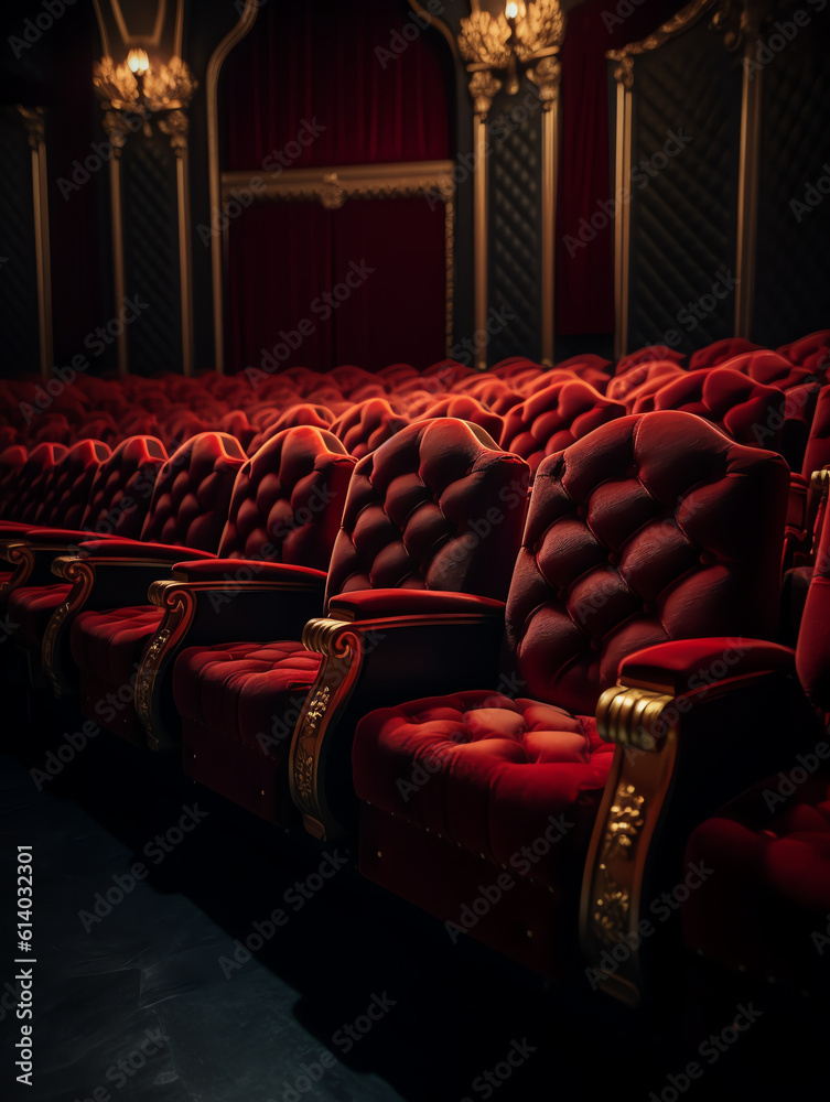 Poster Generative AI Red empty chairs in the theatre