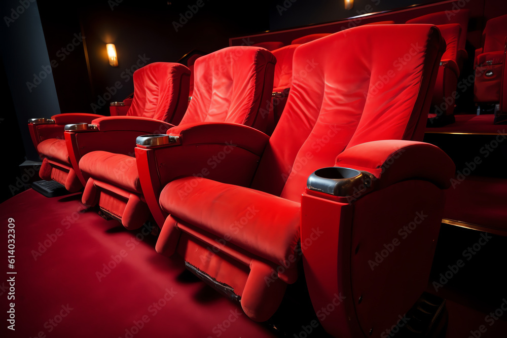 Poster Generative AI Empty comfortable red seats with numbers in cinema