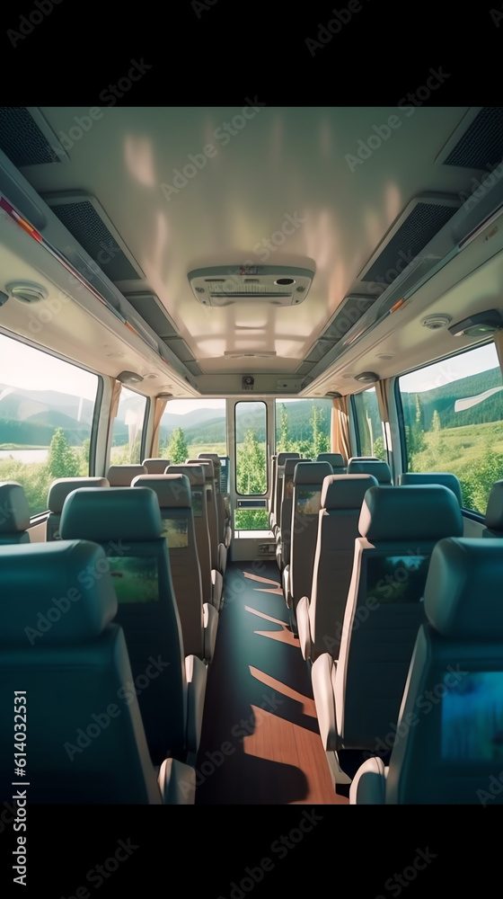 Poster generative ai interior design of a modern bus. empty bus interior. public transport in the city. pas