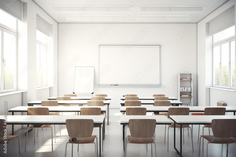 Poster generative ai lecture room or school empty classroom with desks and chair iron wood for studying les
