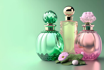 Perfume on a green abstract background. Three bottles of perfume. Generated AI