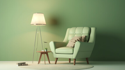 Generative AI Soft mint green chair in retro style in open space with mint lamp and plant on wooden table