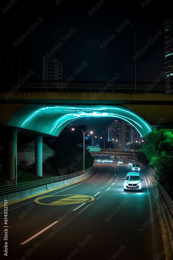 Aufkleber generative ai empty asphalt road under the bridge during the night with beautiful city skyline backg
