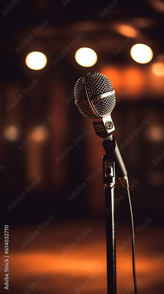 Poster generative ai microphone on a wooden stool on a stand up comedy stage with reflectors ray, high cont