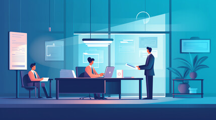 Generative AI Job hire, hr manager, employer invite candidate in office vacant place. Businessman with laptop sit at desk reading applicant cv or head hunting. Human resources recruiting Cartoon vecto