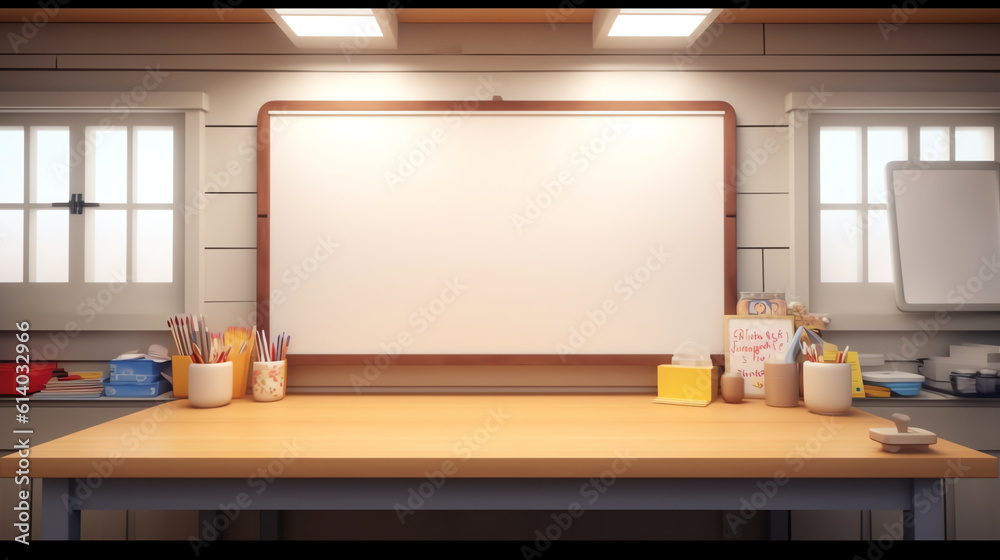 Poster generative ai empty school class room interior board desk flat vector illustration