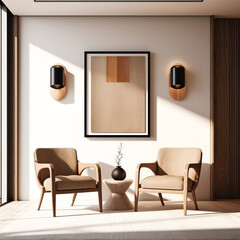 Generative AI Luxury living room with armchairs and table. Accent empty wall with decorative plaster stucco. Warm beige taupe interior design. Mockup art. 3d rendering
