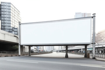 Obraz premium Generative AI White blank vertical billboard at the bus stop on the city street. In the background of buses and roads. Sketch. Poster on the street next to the road.