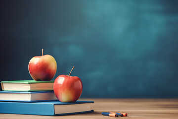 Generative AI School teacher's desk with stack of books and apple