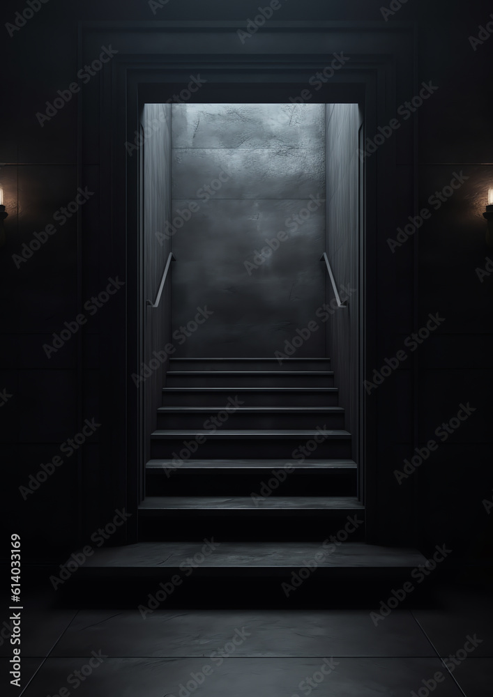 Poster Generative AI Church Interior. Window Light in Dark Inside Room. Shining Door in front Empty Steps. Mystery Background