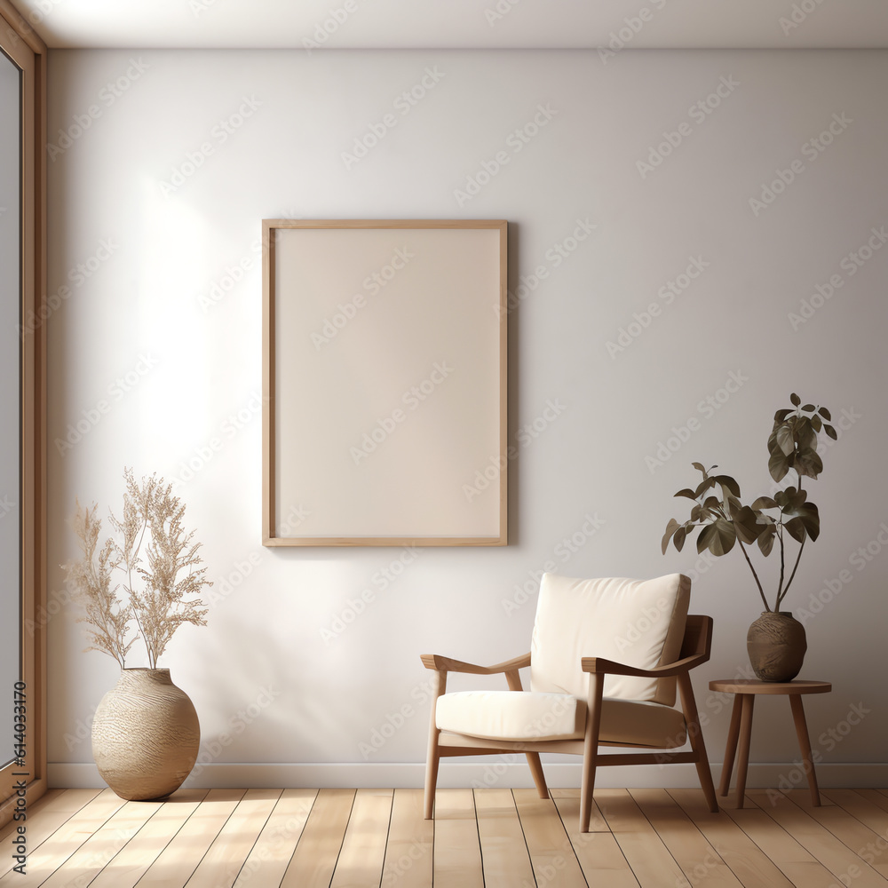 Poster generative ai modern interior design with white empty mock-up wall and beige armchair 3d rendering, 