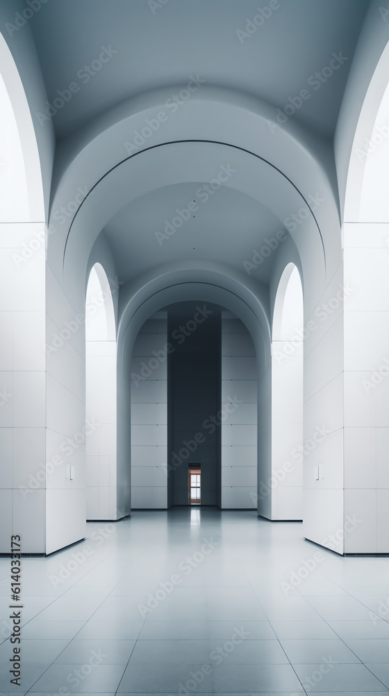 Poster generative ai view of empty white room with arch design and concrete floor,museum space, chapel entr