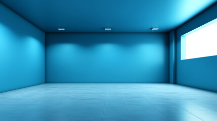 Generative AI Empty blue cinema room with white screen and seats. Side view