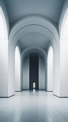 Fototapeta na wymiar Generative AI View of empty white room with arch design and concrete floor,Museum space, Chapel entrance, Perspective of minimal architecture. 3D render.