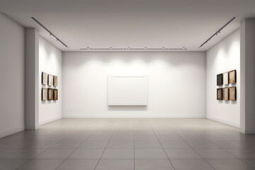 Generative AI Minimalistic hall interior with empty gray wall, city view and daylight. Gallery and presentation concept. Mock up, 3D Rendering