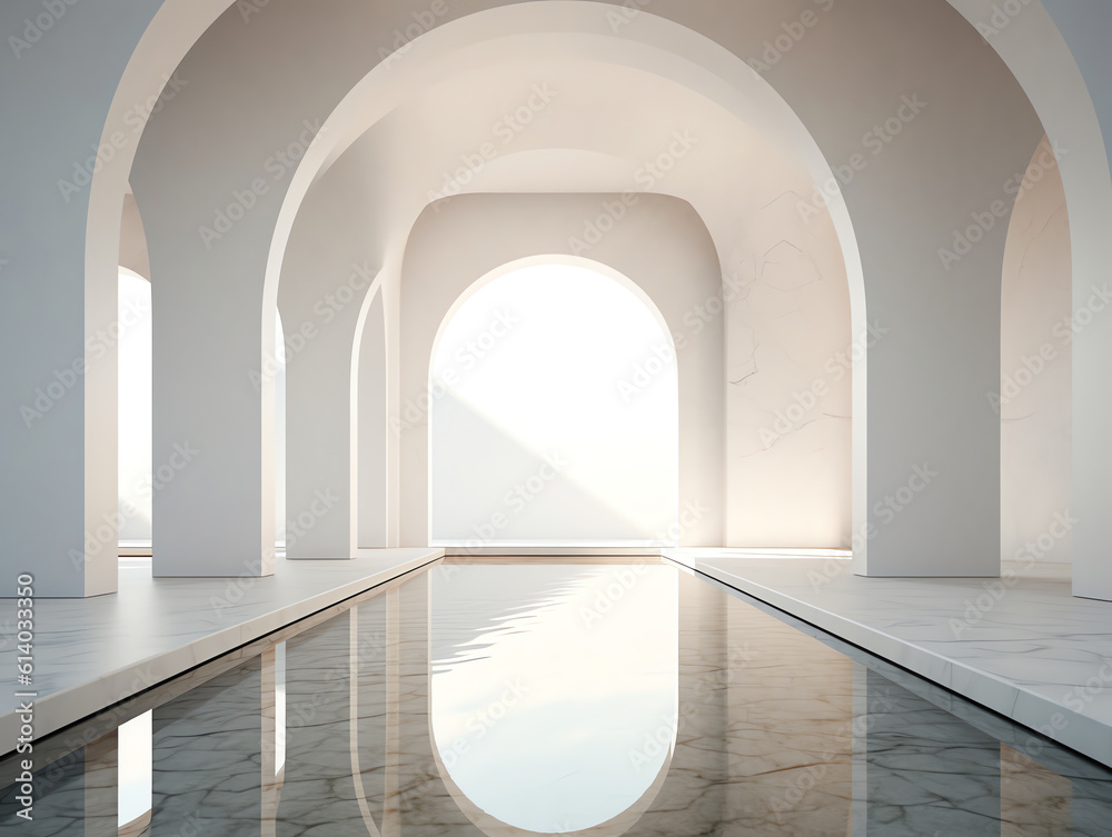 Poster Generative AI View of empty white room with arch design and concrete floor,Museum space, Chapel entrance, Perspective of minimal architecture. 3D render.