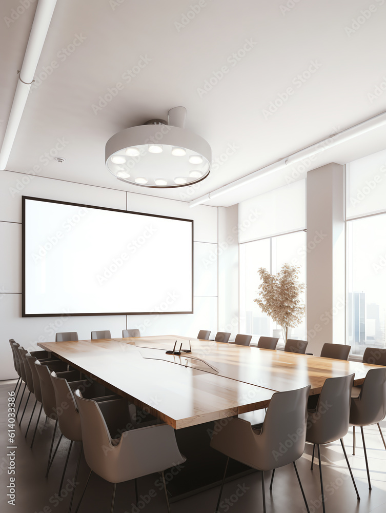 Aufkleber Generative AI Projector screen canvas in modern conference room with big windows. Side view. Empty classroom or presentation room interior with desks, chairs and whiteboard, foreground table