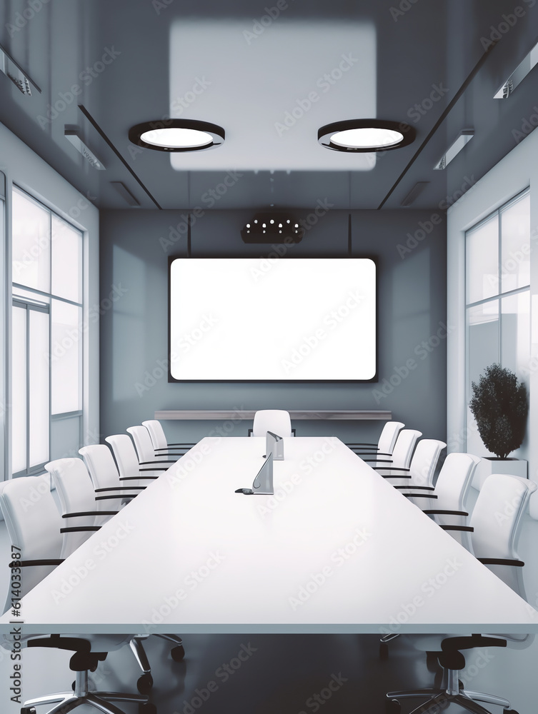 Poster Generative AI Projector screen canvas in modern conference room with big windows. Side view. Empty classroom or presentation room interior with desks, chairs and whiteboard, foreground table