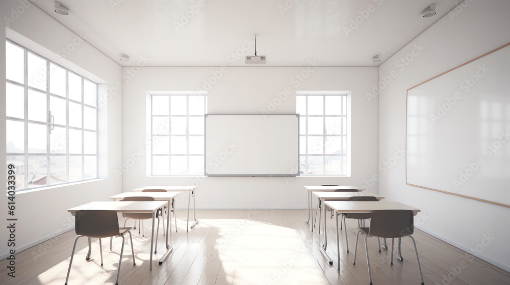 Aufkleber Generative AI Projector screen canvas in modern conference room with big windows. Side view. Empty classroom or presentation room interior with desks, chairs and whiteboard, foreground table