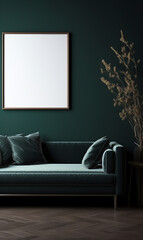 Generative AI Living room with dark brown armchair on empty dark green wall background.3d rendering