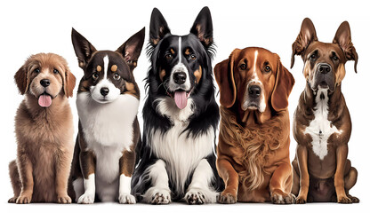 Dogs of different breeds sit in a line. Banner. AI generated