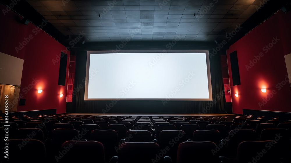 Poster Generative AI Empty red cinema with white screen and seats. Side view