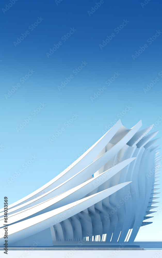 Poster Generative AI Architectural composition, facade detail, wall, against light empty sky - 3D render. Parametric architecture of the future for presentations, graphic design.Abstract geometric unobtrusiv