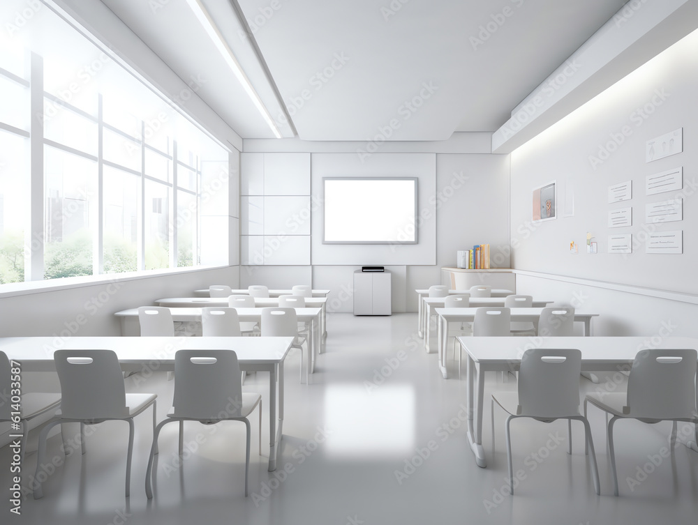 Poster Generative AI Modern Classroom 3D Interior in Light Tones. 3D Rendering