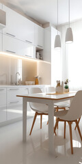 Generative AI Scandinavian classic white kitchen with wooden details, minimalistic interior design. Modern furniture with accessories and various utensils, table and chairs in dinning room, copy space