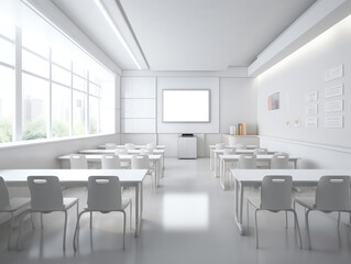 Generative AI Modern Classroom 3D Interior in Light Tones. 3D Rendering