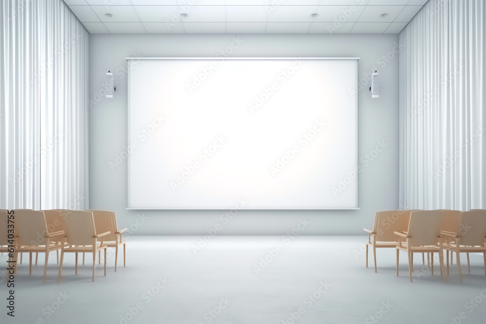 Poster generative ai empty blue cinema with white screen and seats. side view