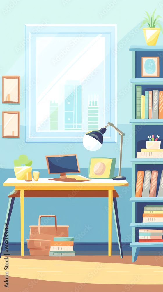 Poster generative ai cartoon classroom interior with view on school desks with chairs, bookcase, door and w