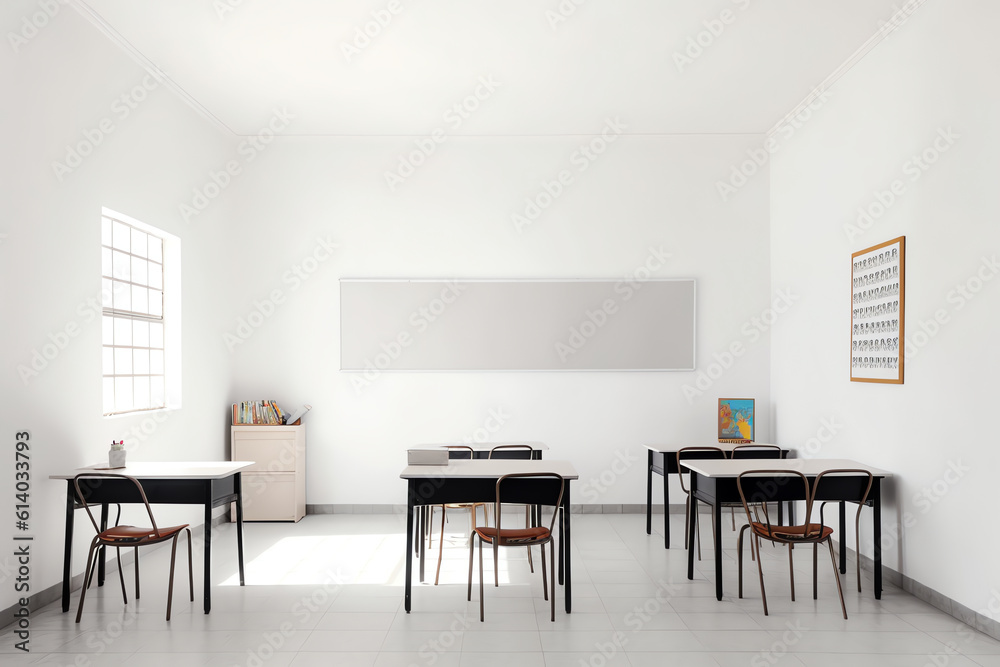Fototapete generative ai classroom design with modern desks, seats and wardrobe 3d rendering