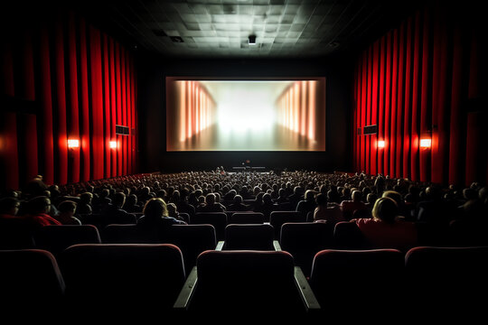 Generative AI Cinema. White screen in the cinema and the audience watching the movie.