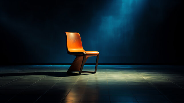 Generative AI Empty chair on a dark background with a spot of light on the stage, recruiting, searching, vacancy, hunting