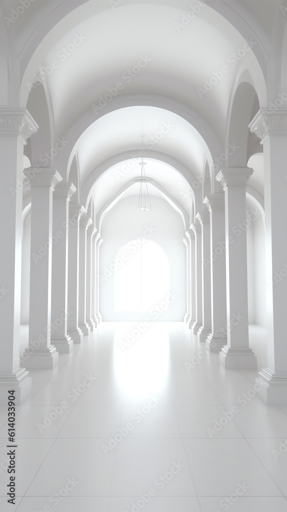 Poster generative ai view of empty white room with arch design and concrete floor,museum space, chapel entr
