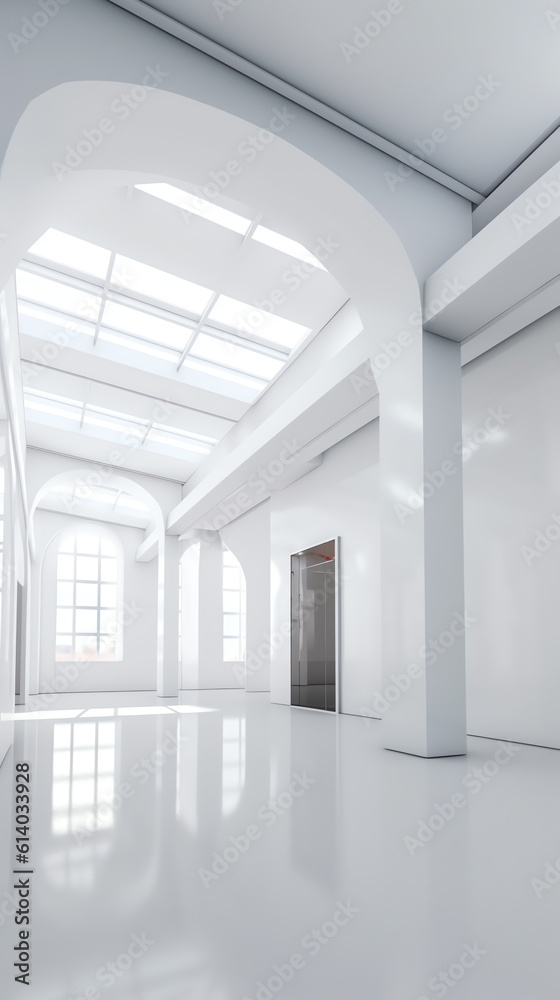 Poster Generative AI View of empty white room with arch design and concrete floor,Museum space, Chapel entrance, Perspective of minimal architecture. 3D render.