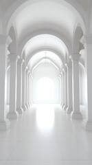 Obraz premium Generative AI View of empty white room with arch design and concrete floor,Museum space, Chapel entrance, Perspective of minimal architecture. 3D render.