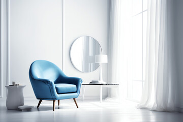 Generative AI Modern blue plastic chair in white room interior parquet wood floor.
