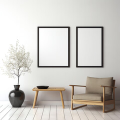 Generative AI Living room design with empty frame mockup, two wooden chairs on white wall, copy space, 3d render, 3d illustration