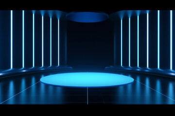 Generative AI Empty stage design for mockup and corporate identity, display. Platform elements in hall. Blank screen system for graphic Resources. Scene event led night light staging. 3d Background fo