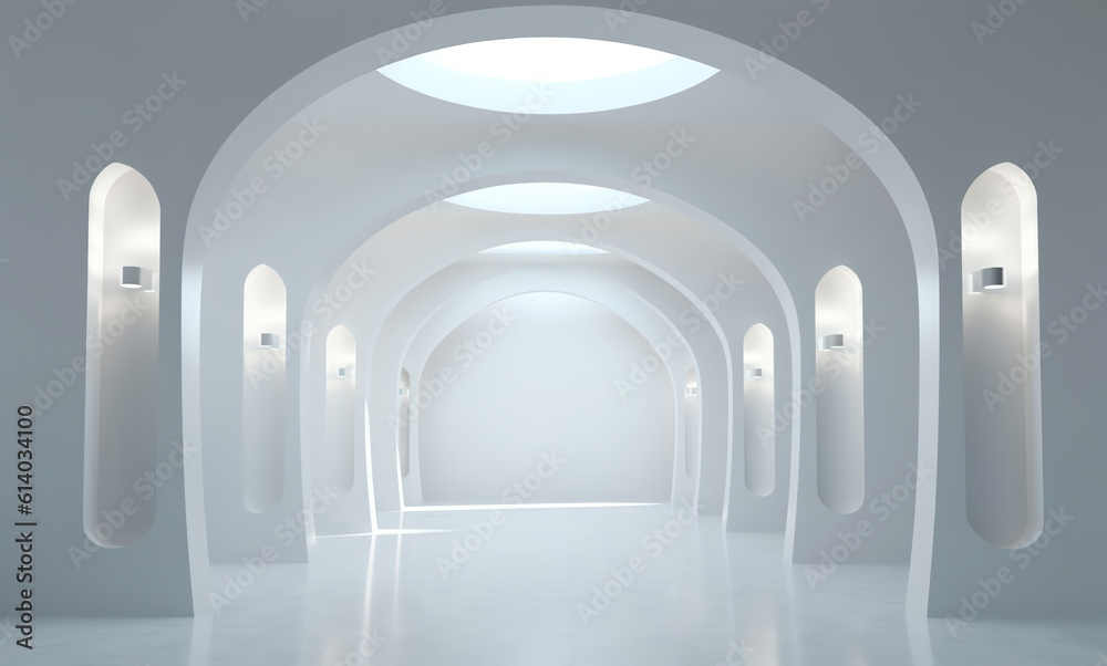 Poster generative ai view of empty white room with arch design and concrete floor,museum space, chapel entr